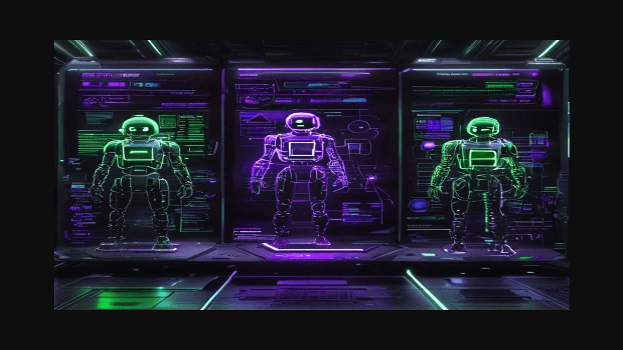 Three AI droids — provisioner, skill-builder, and user-manager — connected to a central SaaS dashboard