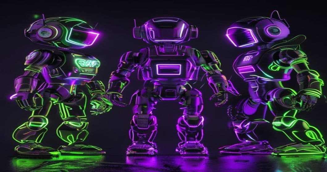 Three AI robot droids with neon purple and green glow — the custom droid fleet