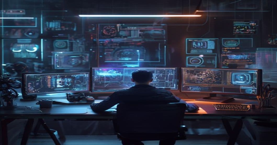 Solo developer at a futuristic desk with holographic AI screens showing code and dashboards