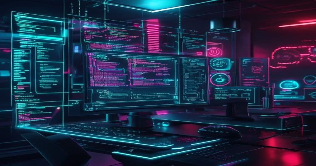 Futuristic code workflow terminal with neon cyan and pink holographic displays